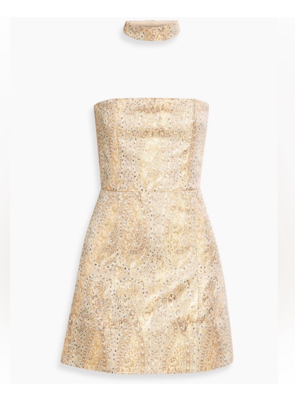 Alice + Olivia Strapless Metallic Gold Paisley Mini Dress